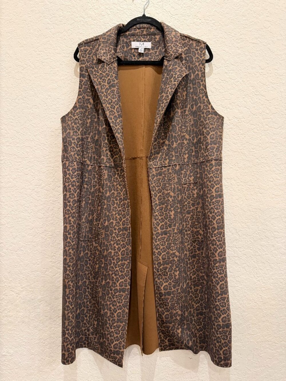 Magaschoni Faux Leather Leopard Print Longline Vest L Tan Black Open Front